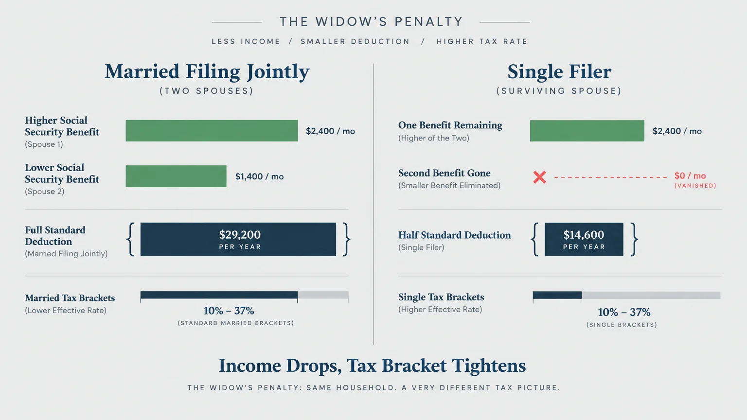 Diagram comparing married filing jointly versus single filer income, standard deductions, and tax brackets.