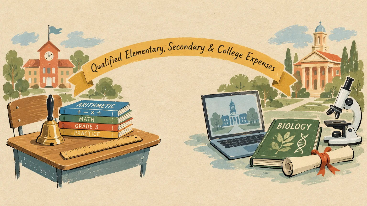 Illustration of school and college supplies below a banner reading Qualified Elementary, Secondary and College Expenses.