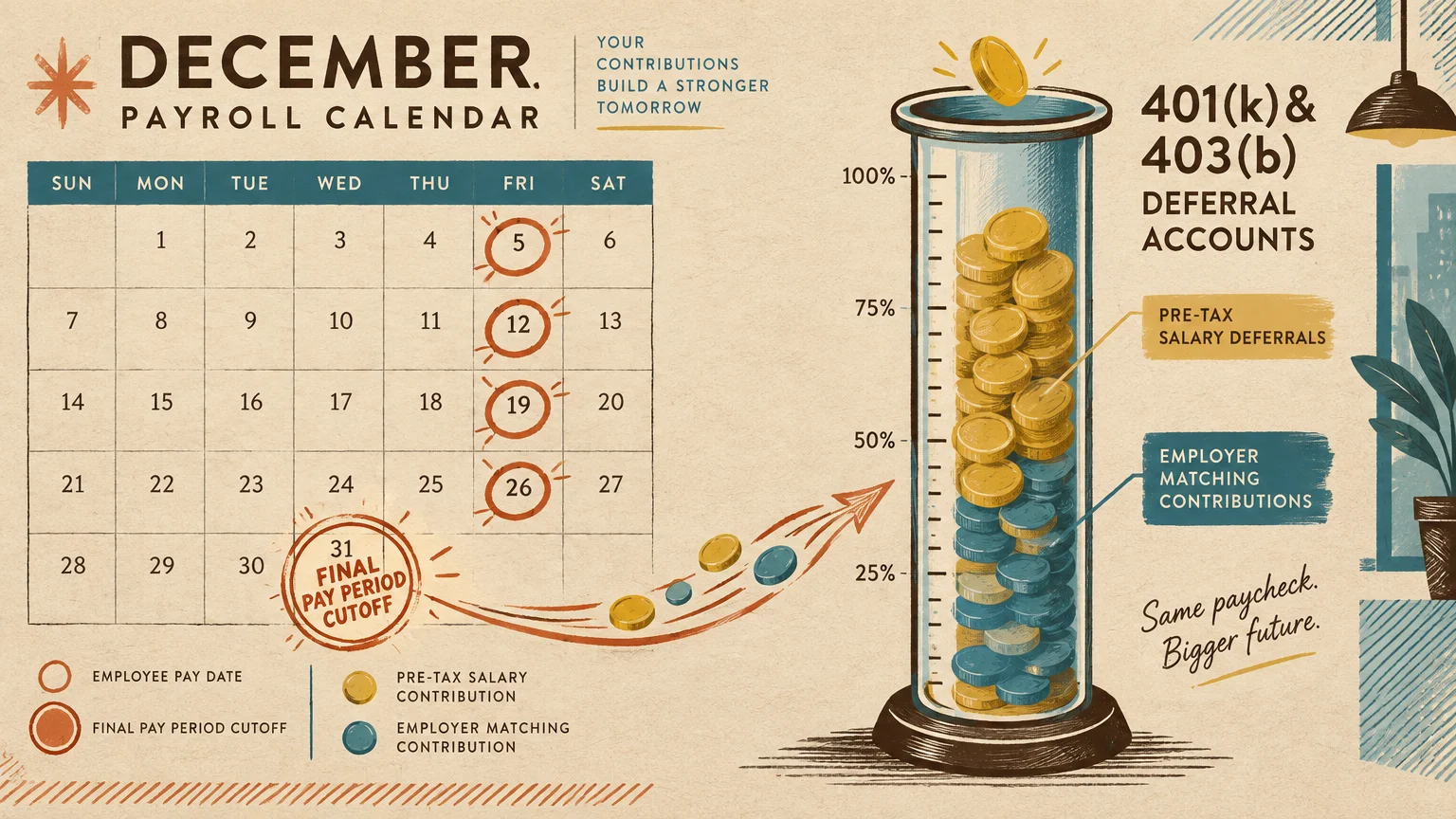 December payroll calendar highlighting pay dates alongside a cylinder filling with coins labeled for 401(k) and 403(b) deferrals.
