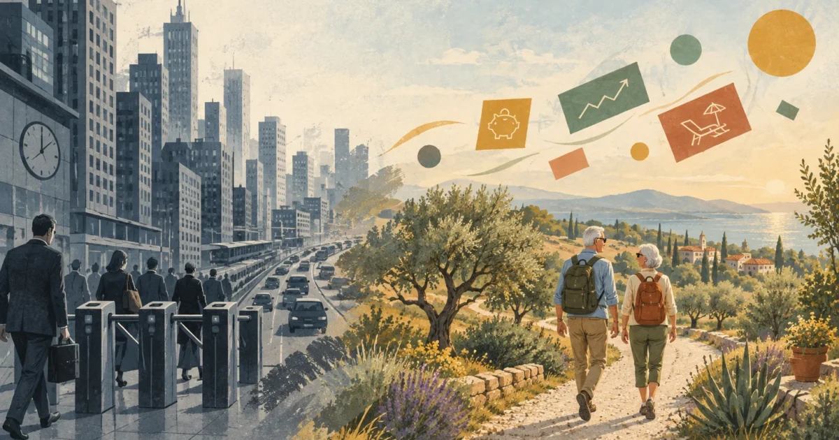 Illustration split between busy city commuters on the left and a retired couple hiking along a sunny coastline on the right.