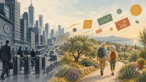 Illustration split between busy city commuters on the left and a retired couple hiking along a sunny coastline on the right.