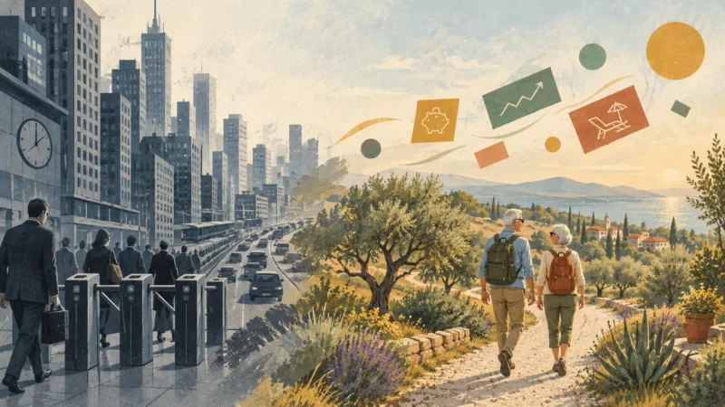Illustration split between busy city commuters on the left and a retired couple hiking along a sunny coastline on the right.