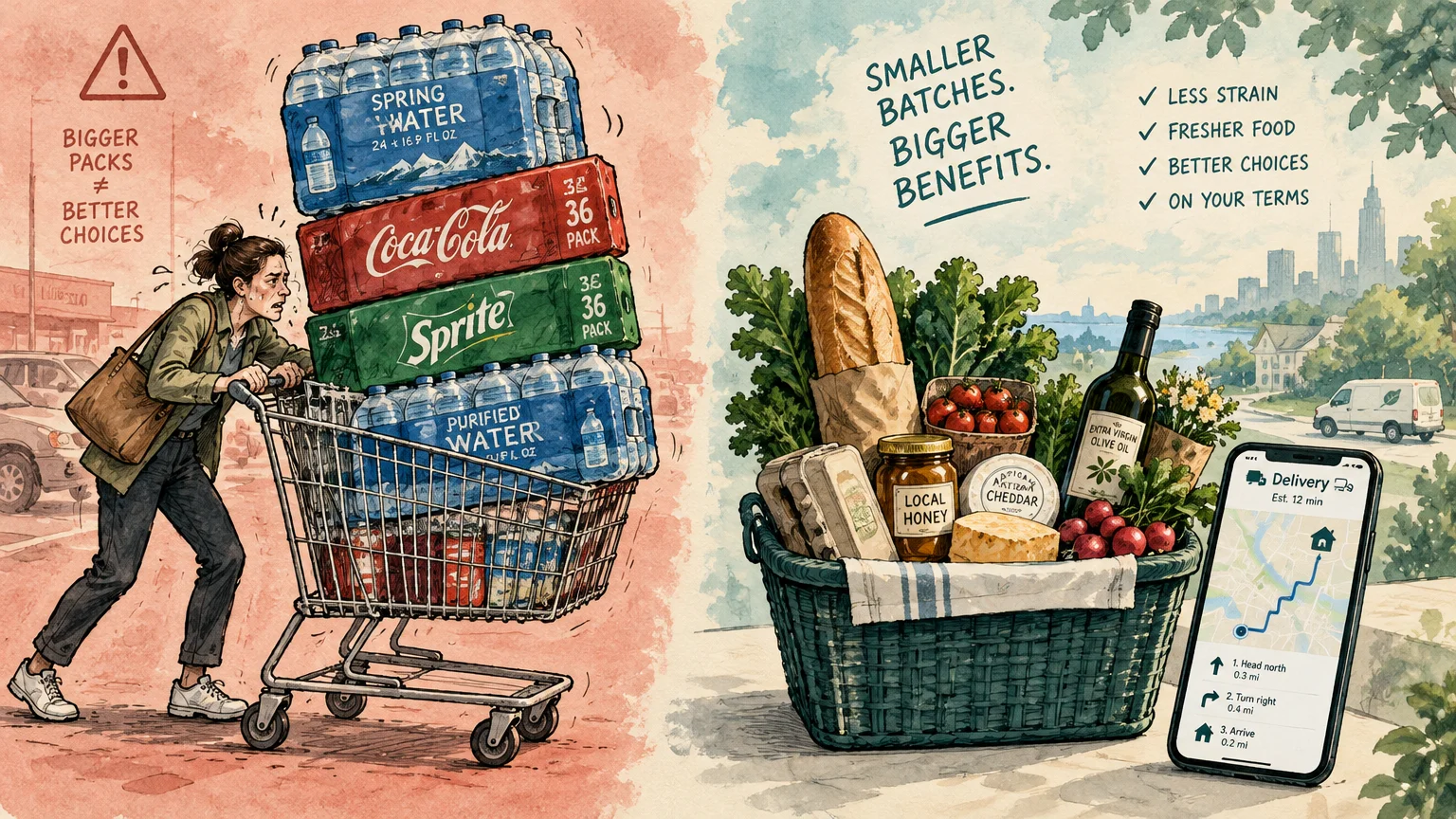 Split illustration of a woman pushing heavy soda cases beside a basket of fresh food and a delivery navigation smartphone.