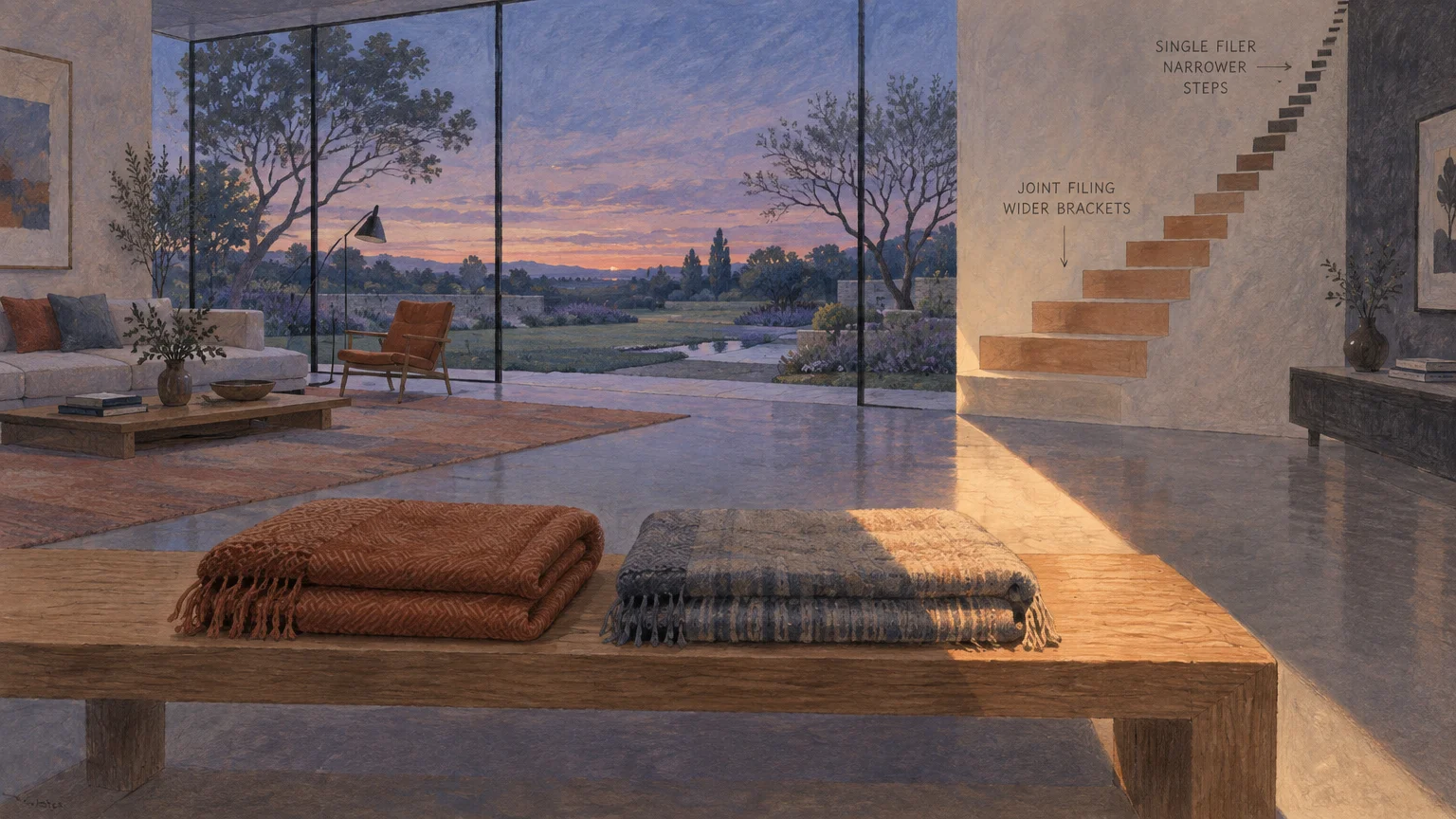 Modern room with floor-to-ceiling windows at sunset, folded blankets on a bench, and stairs labeled with tax bracket terms.