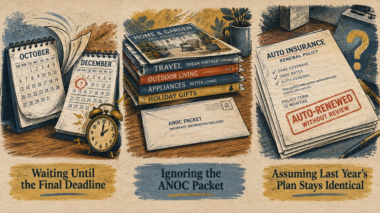 Three panels showing calendar deadlines, an unopened ANOC packet beside magazines, and an auto-renewed insurance document.