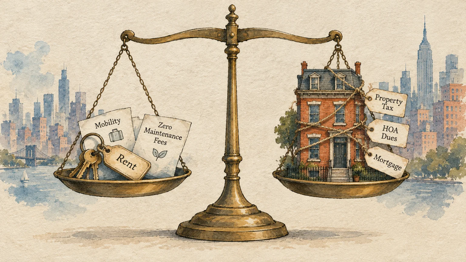 Illustration of balance scales weighing keys and rent perks against a townhouse weighed down by mortgage, tax, and HOA tags.