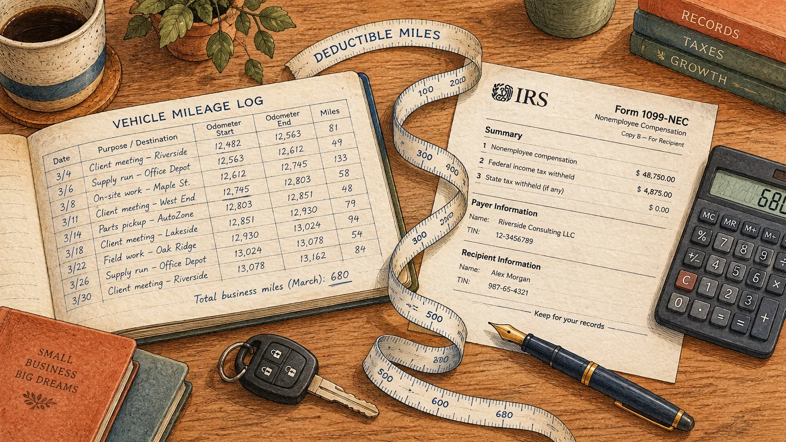 A vehicle mileage log notebook beside a Form 1099-NEC, measuring tape, calculator, and car key on a wooden desk.