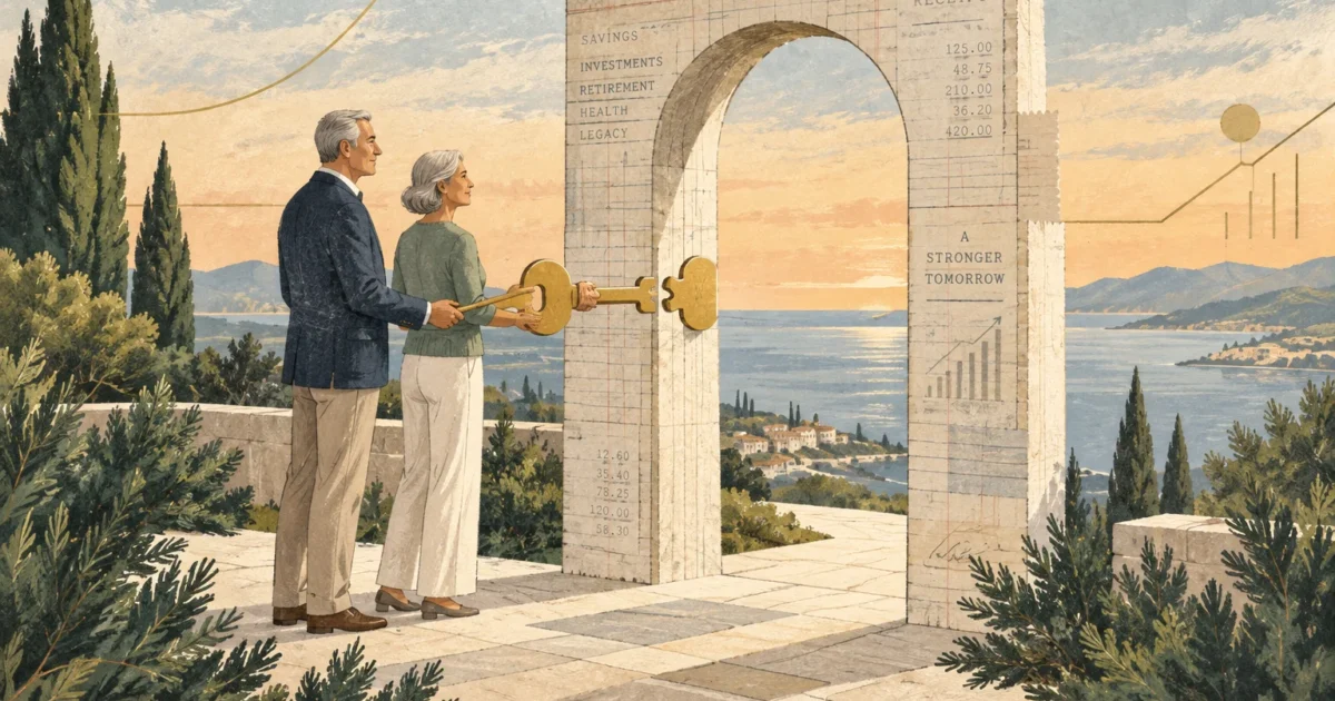 Older couple holding a large golden key to a stone archway overlooking a scenic coastal landscape.