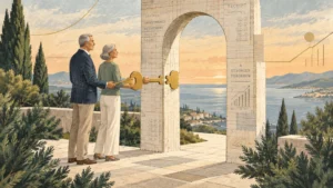 Older couple holding a large golden key to a stone archway overlooking a scenic coastal landscape.