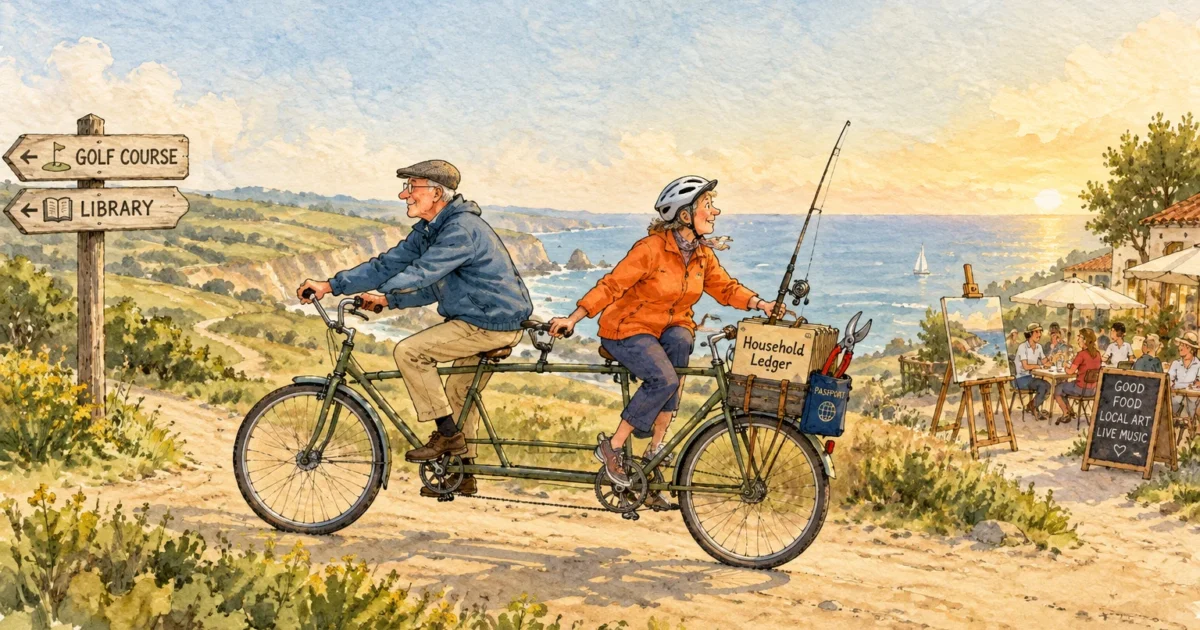 Watercolor illustration of a senior couple riding a tandem bicycle laden with gear along a coastal path at sunset.