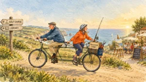 Watercolor illustration of a senior couple riding a tandem bicycle laden with gear along a coastal path at sunset.