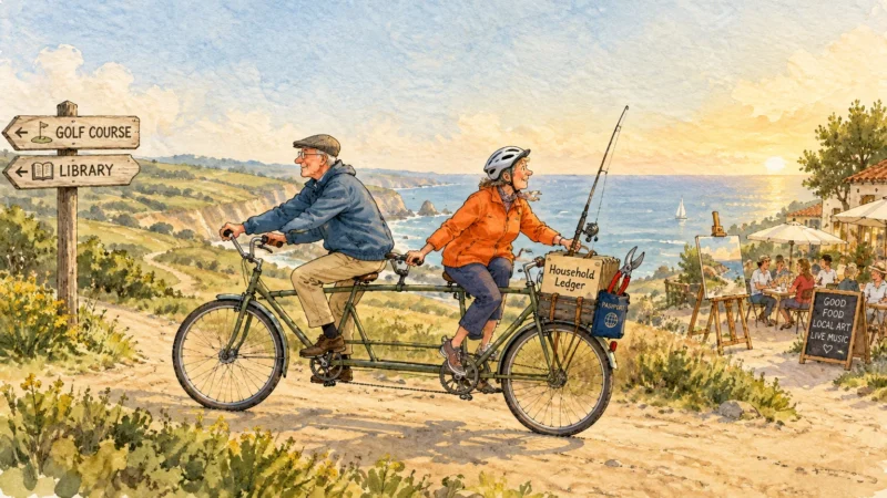 Watercolor illustration of a senior couple riding a tandem bicycle laden with gear along a coastal path at sunset.