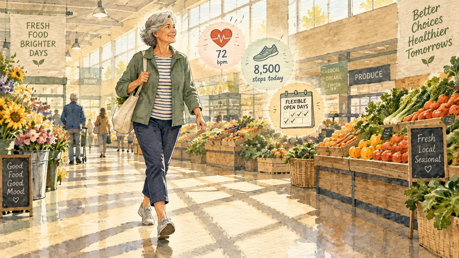 Illustration of a smiling senior woman walking through a sunny grocery store produce aisle with health metric icons.