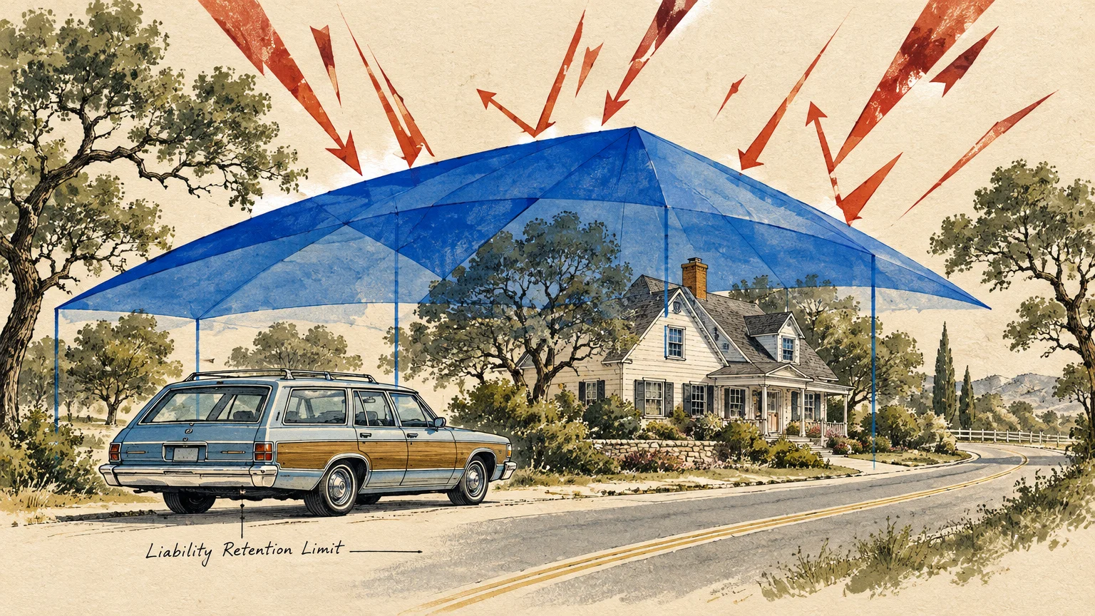 Illustration of a blue canopy shielding a station wagon and a suburban house from descending red arrows.