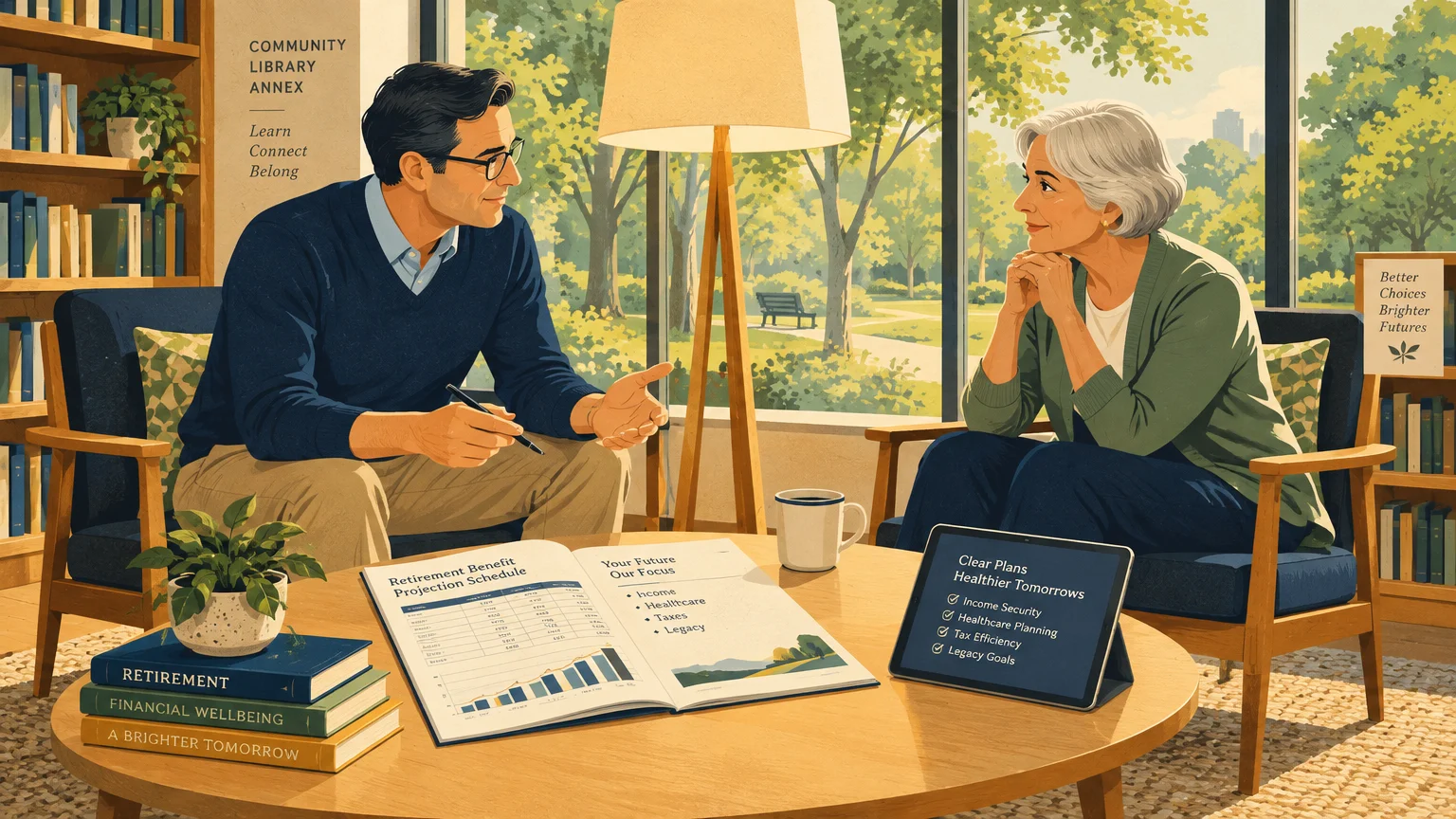 Illustration of a financial advisor talking with a senior woman over retirement documents in a sunlit library annex.