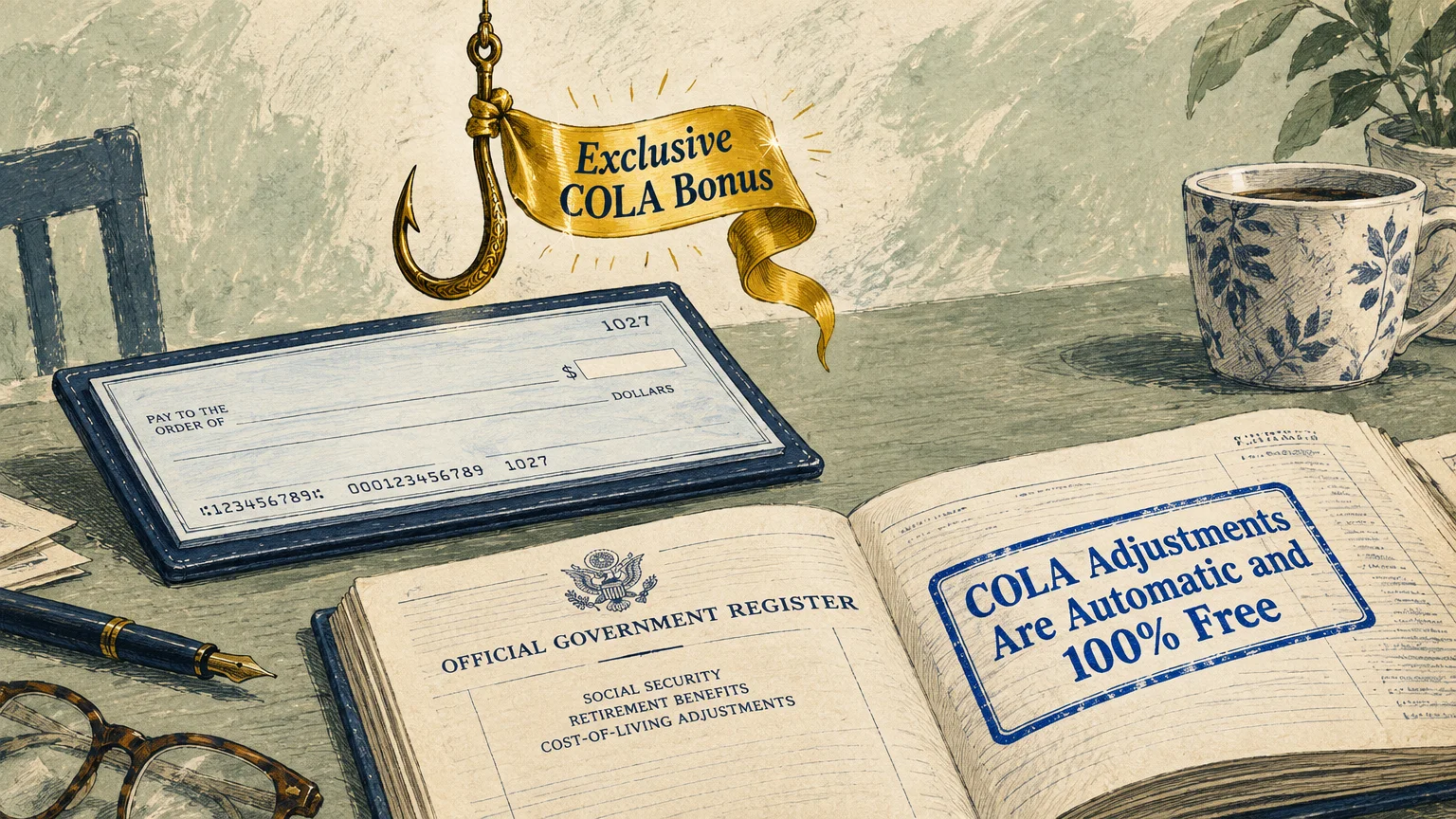 Illustration of a desk with a checkbook, an open register stamped free COLA adjustments, and a fishhook labeled COLA bonus.