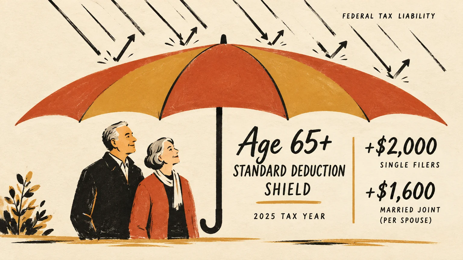 An older couple stands under an umbrella shielding against federal tax liability arrows beside 2025 deduction figures.