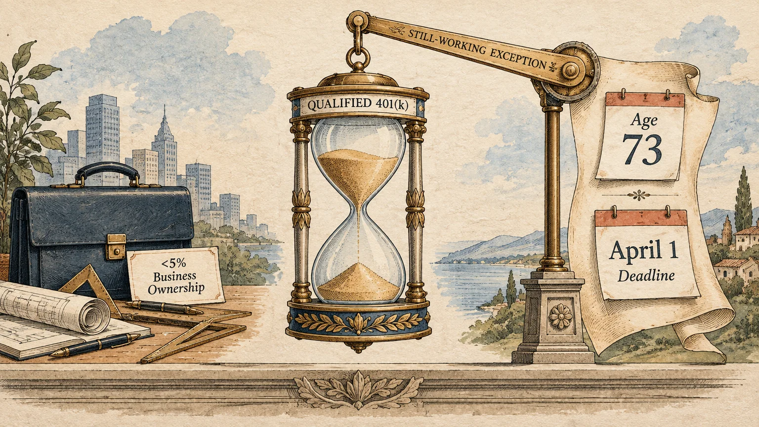 Illustration of an hourglass labeled Qualified 401(k) beside a crane arm showing Age 73 and April 1 Deadline calendars.