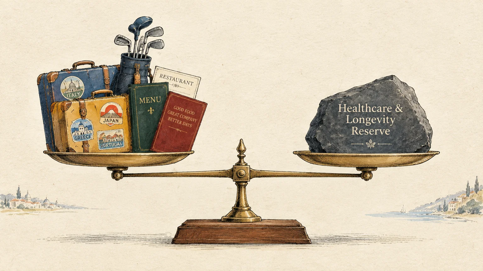 Balance scale weighing luggage, golf clubs, and menus against a rock labeled Healthcare and Longevity Reserve.