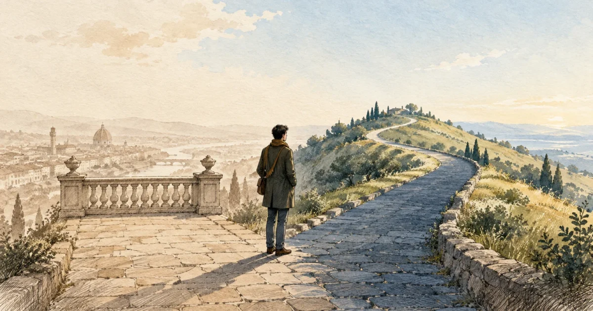 Watercolor illustration of a man standing on a stone terrace overlooking a winding hillside road and a distant city.