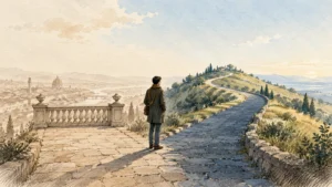 Watercolor illustration of a man standing on a stone terrace overlooking a winding hillside road and a distant city.