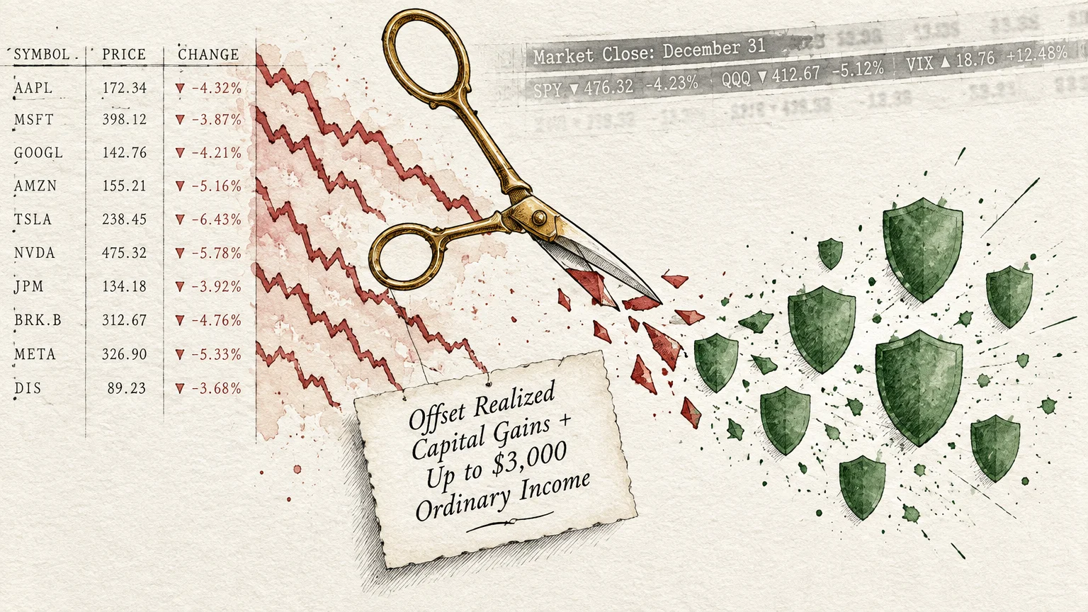 Illustration of golden scissors cutting declining stock charts into green shields, alongside a note about offsetting gains.