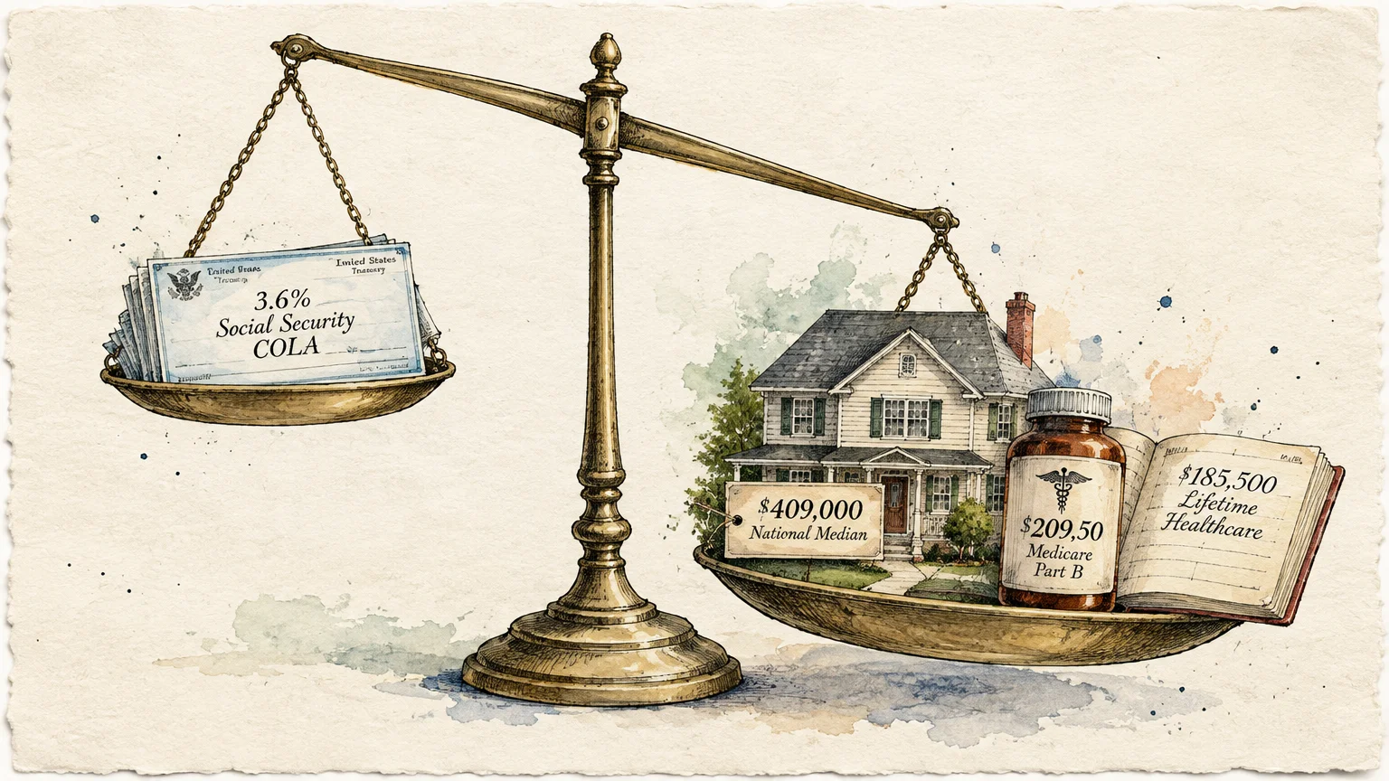 Illustration of a brass balance scale weighing Social Security checks against a house, medicine bottle, and ledger.