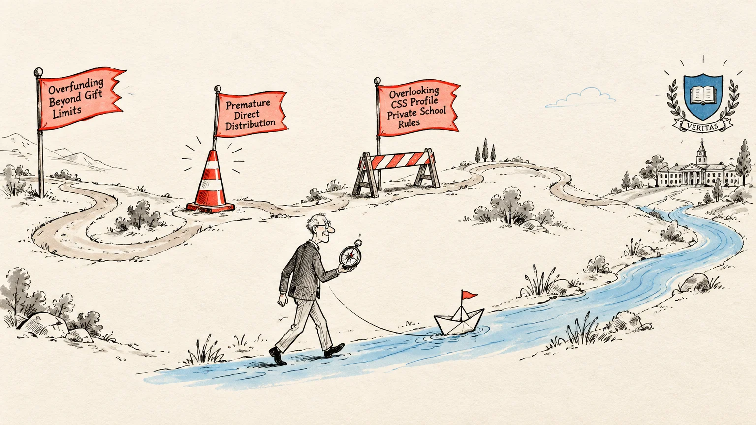 Man with a compass walks along a stream pulling a toy boat toward a college, past red warning flags and barricades.