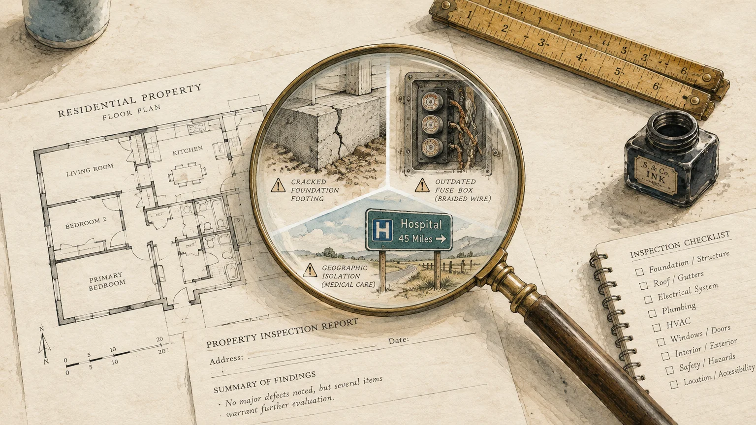 Magnifying glass over a floor plan showing a cracked foundation, outdated fuse box, and distant hospital sign.
