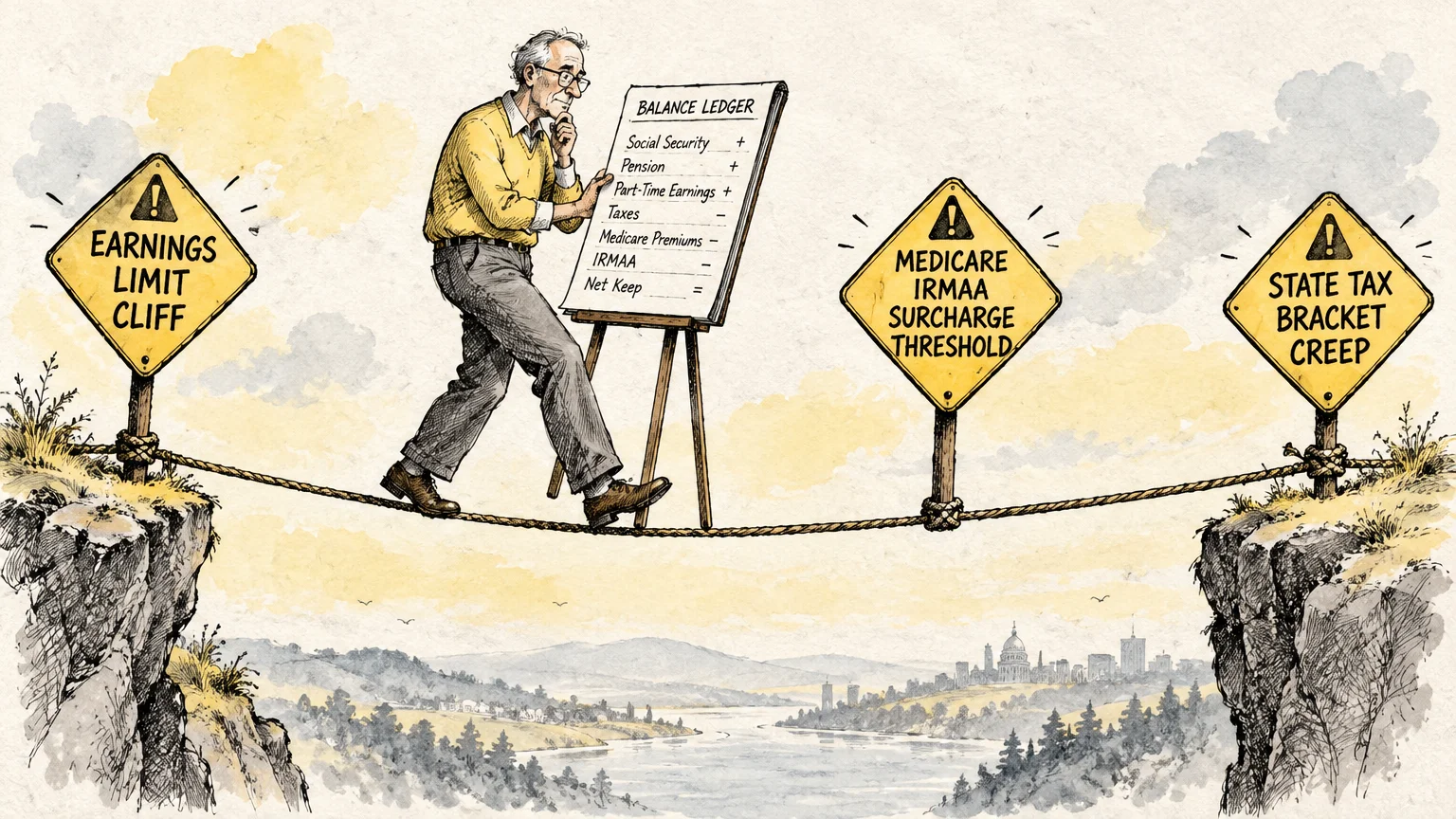 Illustration of an older man tightrope walking while carrying a balance ledger past warning signs over a gorge.
