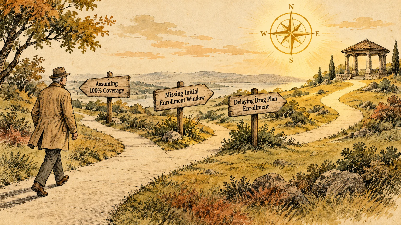 Illustration of an older man walking toward wooden directional signs along a winding path to a hilltop gazebo.