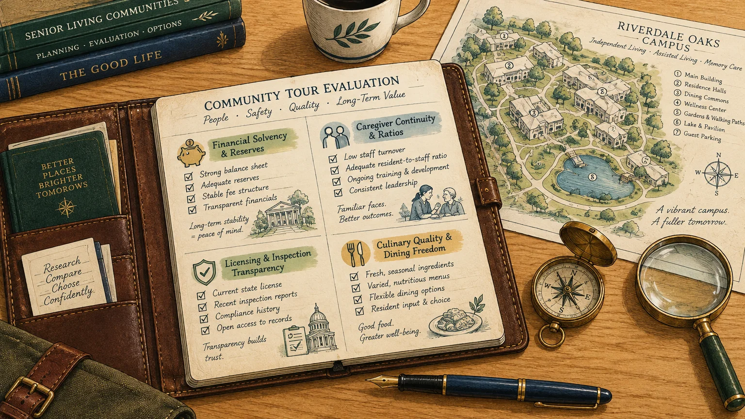 Illustrated desk with a leather notebook displaying an evaluation checklist, alongside a campus map, compass, and pen.