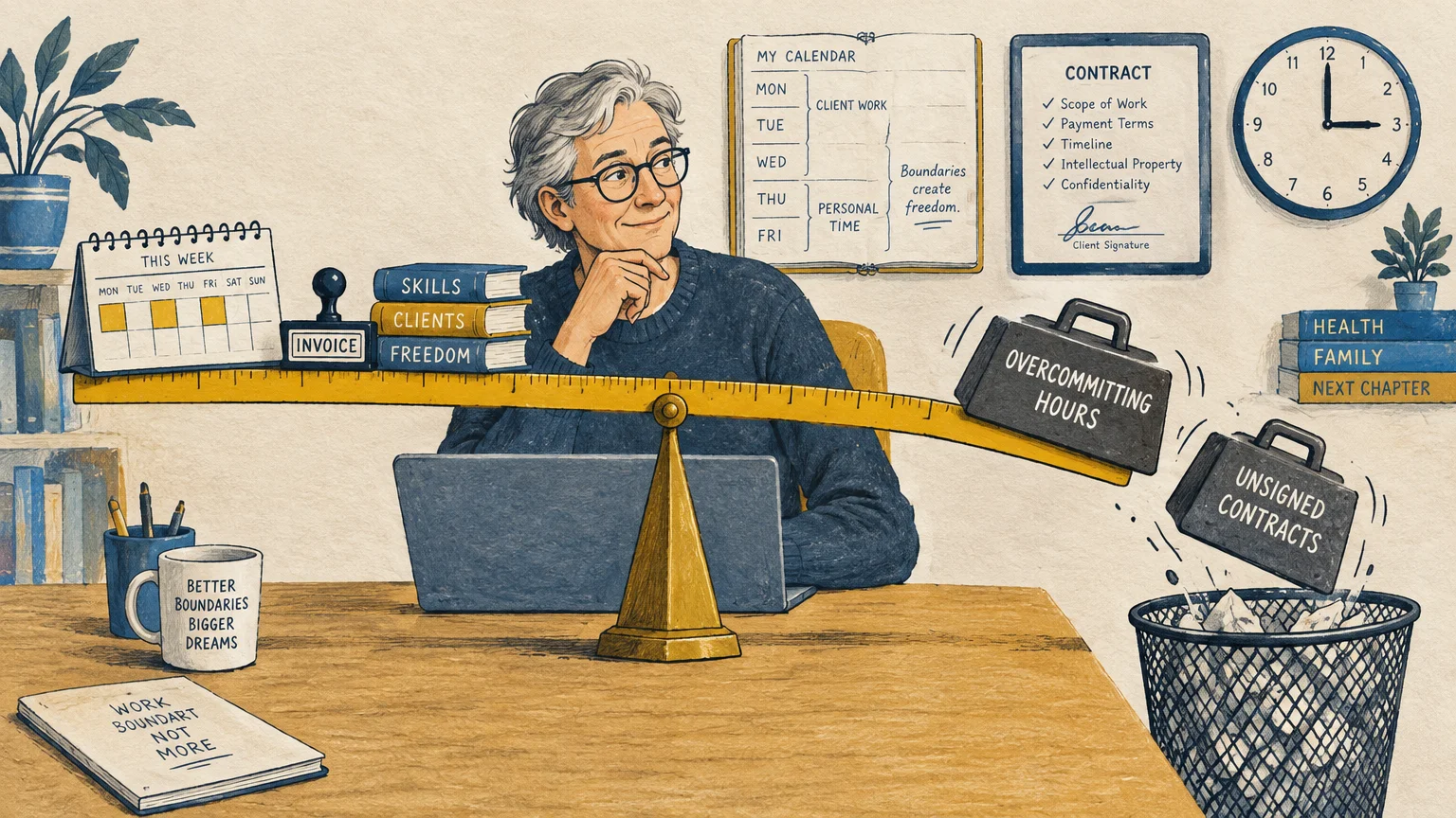 Senior man at a desk behind a scale weighing books and calendar against briefcases marked overcommitting hours.
