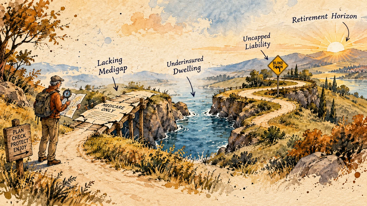 Watercolor illustration of a hiker facing a broken bridge labeled Medicare Only along a scenic path toward a sunrise.