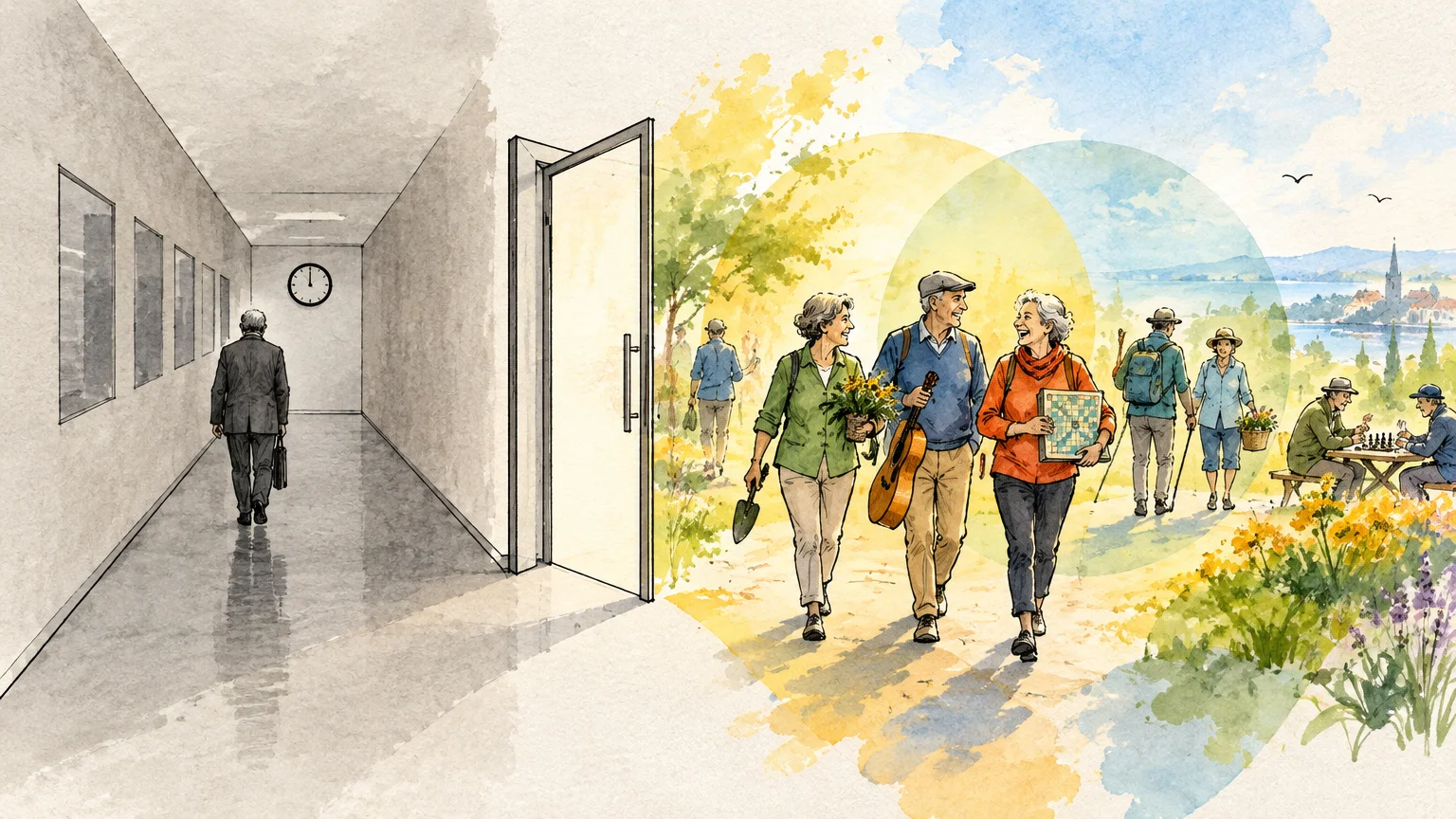 Split watercolor illustration of a man walking down a gray hallway beside cheerful retirees enjoying outdoor hobbies.