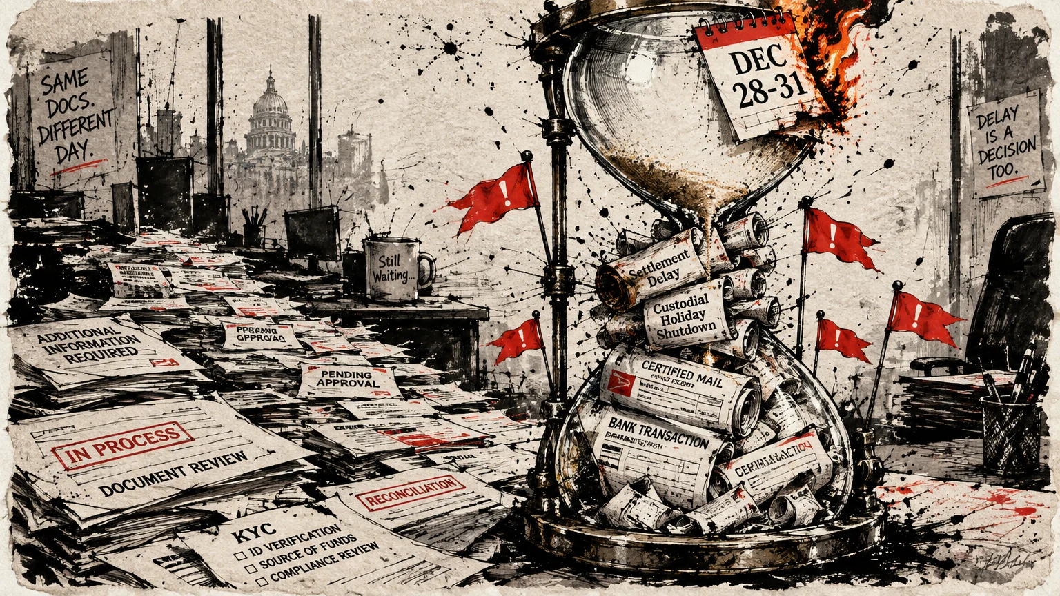 Illustration of a desk filled with pending paperwork beside an hourglass jammed with rolled documents and red flags.