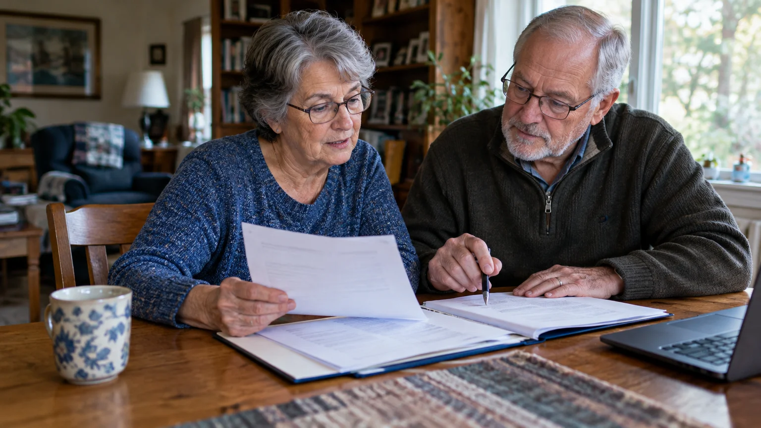 Senior man and woman wearing glasses reviewing printed documents together at a wooden table with a laptop.