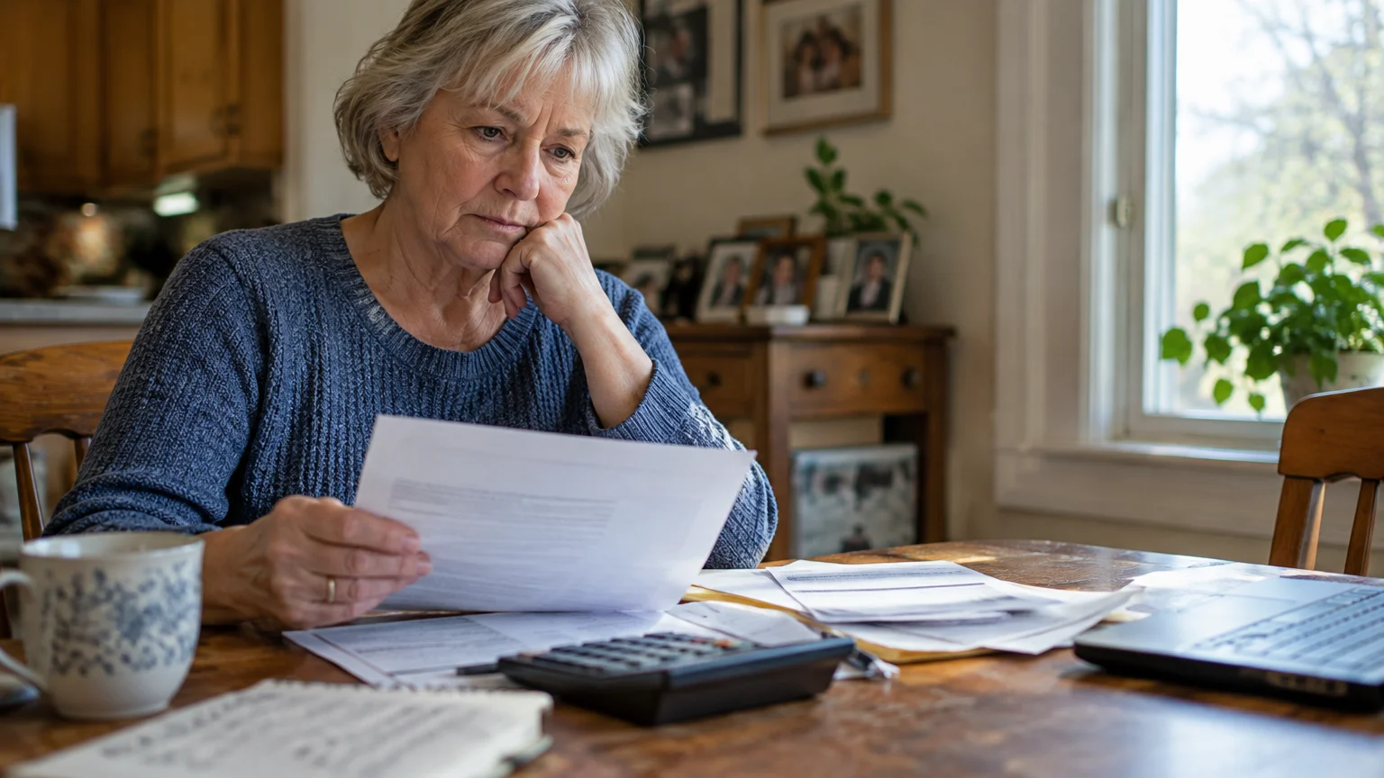 A thoughtful older woman sits at a wooden table reviewing financial paperwork with a calculator, notebook, and laptop nearby.
