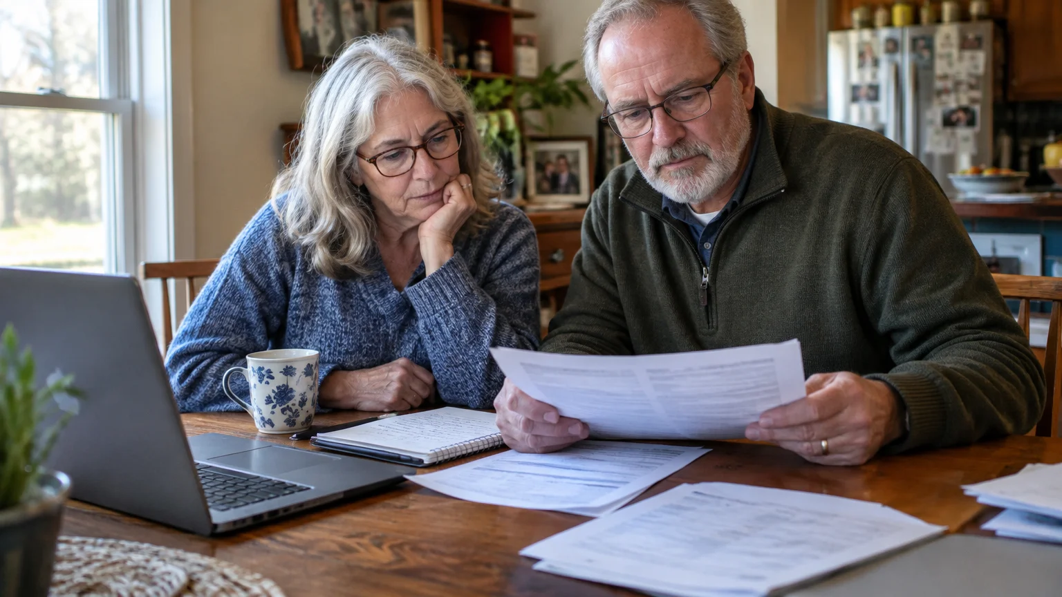 Older couple reviewing printed insurance documents together at a wooden table with a laptop open.