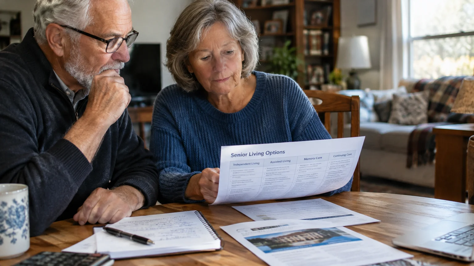 An older couple sitting at a wooden table closely reviewing printed documents titled Senior Living Options.