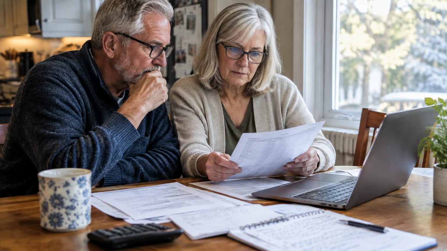 A senior couple wearing glasses reviews printed financial paperwork in front of an open laptop at a dining table.