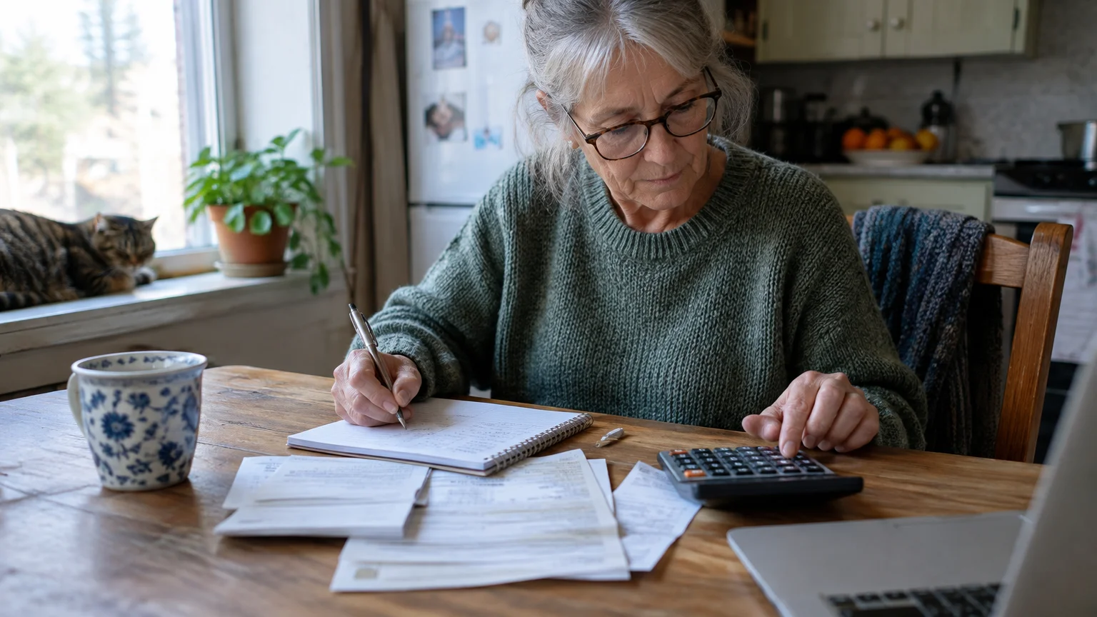 A senior woman in glasses sits at a wooden table using a calculator, notepad, and papers, with a cat resting nearby.