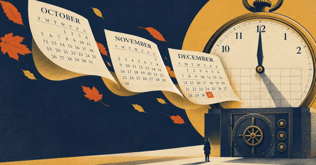 Illustration of October, November, and December calendar pages floating toward a pocket watch above a bank vault.