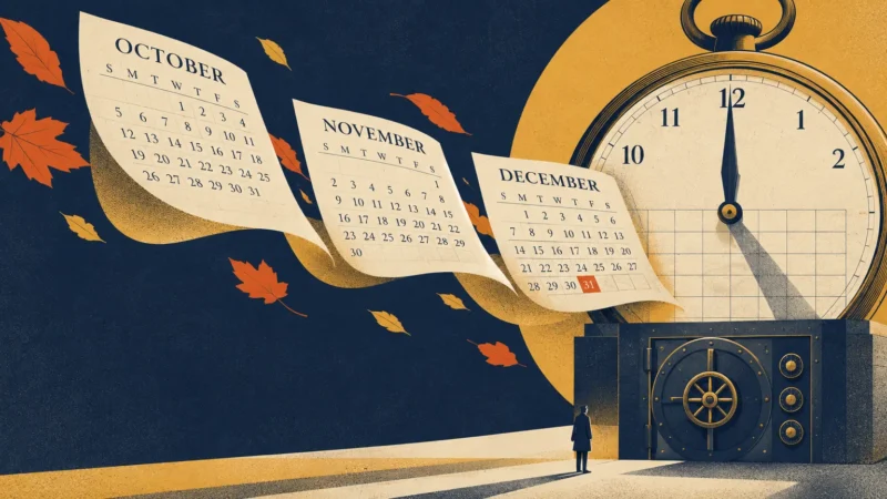 Illustration of October, November, and December calendar pages floating toward a pocket watch above a bank vault.