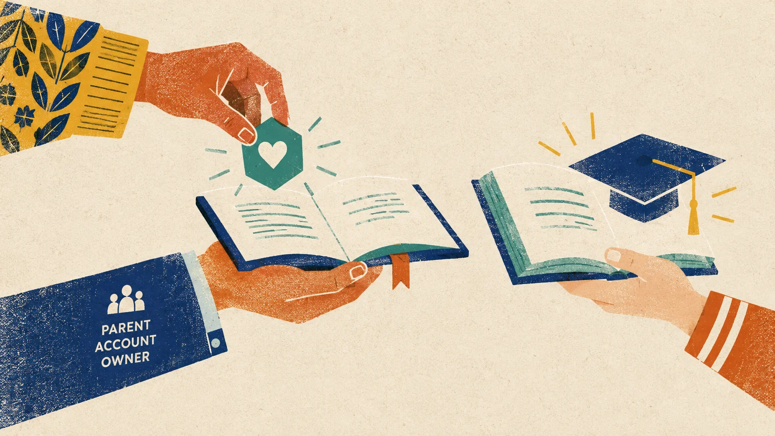 Hands holding open books, placing a heart token, and a graduation cap beside a parent account owner sleeve.