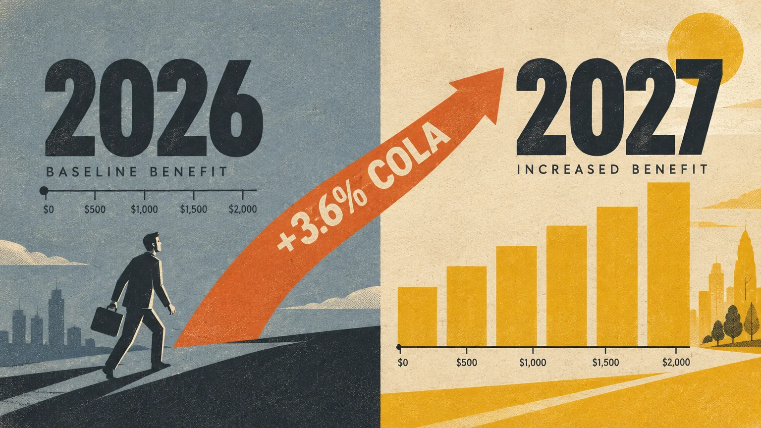 Split graphic comparing 2026 and 2027 benefits, featuring an upward orange arrow labeled +3.6% COLA and a rising bar chart.