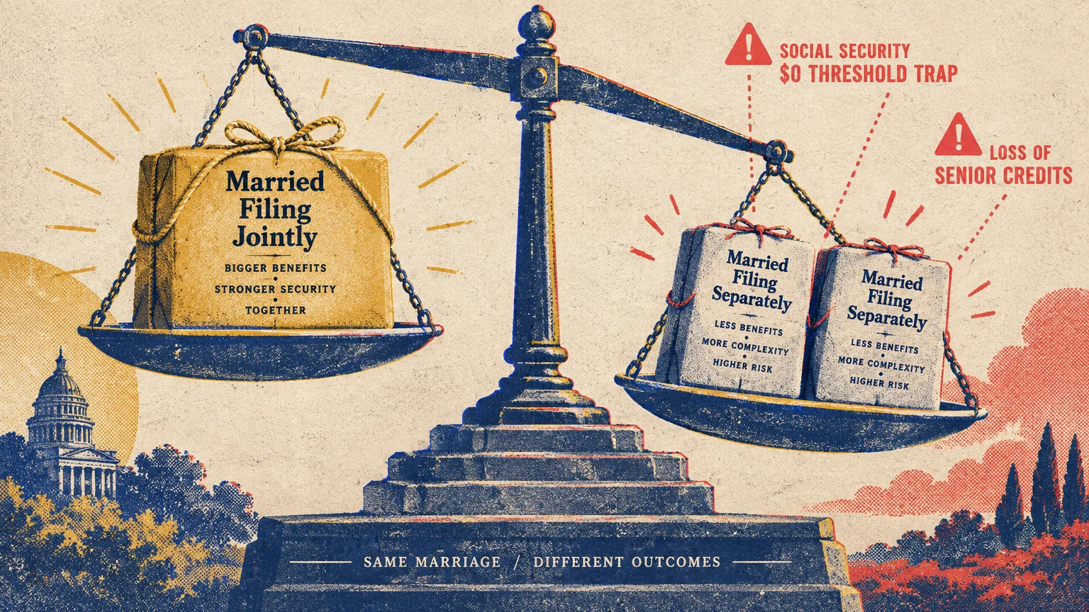 Illustration of a balance scale comparing married filing jointly against two packages labeled married filing separately.