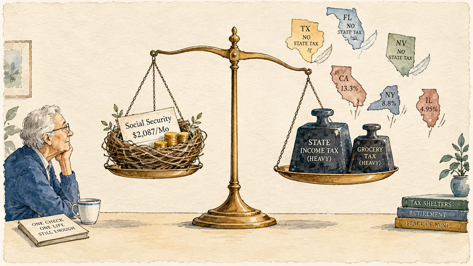 Senior man watching a balance scale weigh a nest of savings against heavy tax weights beside state tax graphics.