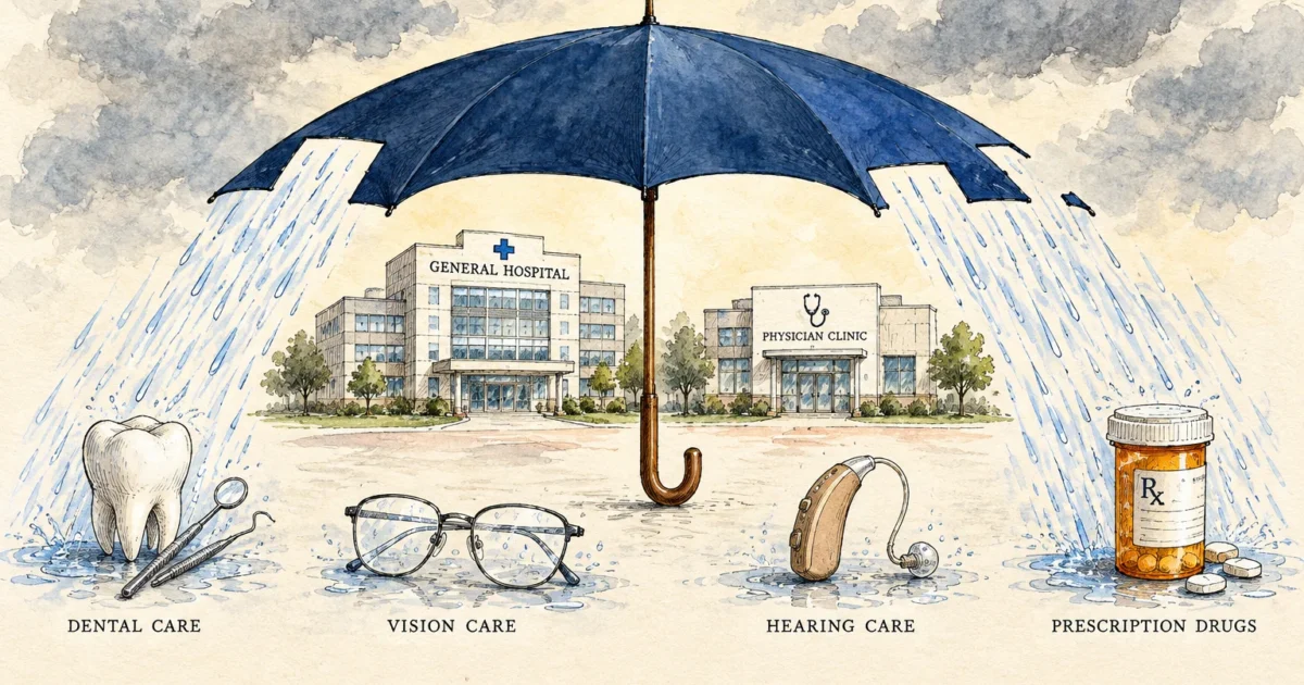 Illustration of a torn umbrella shielding a hospital and clinic while rain falls on dental, vision, and hearing items.