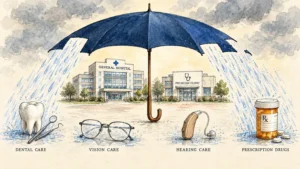 Illustration of a torn umbrella shielding a hospital and clinic while rain falls on dental, vision, and hearing items.